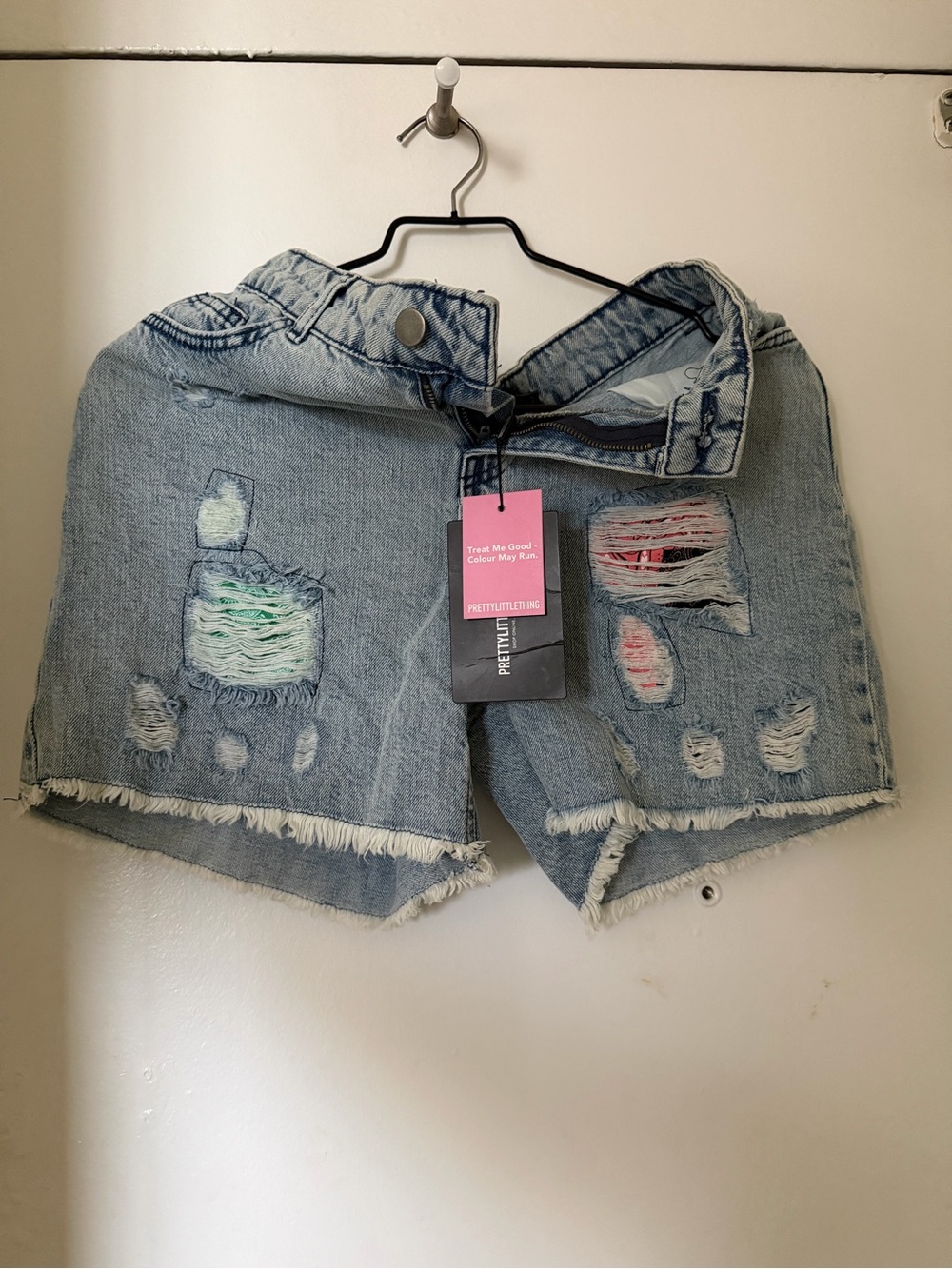 PrettyLittleThing Pale Blue Distressed Denim Shorts with Pastel Patchwork